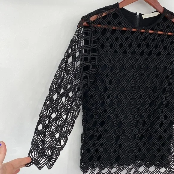 Anne Fontaine Eyelet Blouse Womens Size 38 US 4-6‎ Black 3/4 Sleeve Cutout Top - Picture 3 of 12